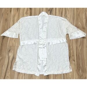 VTG 90s Victoria's Secret Robe Women OS Cream Lace Satin Belted Mini Gold Label